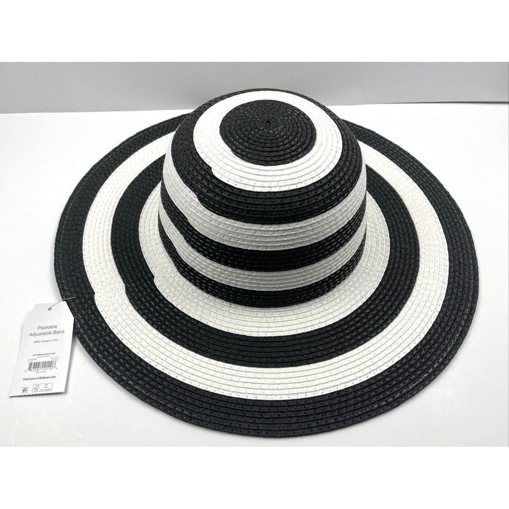 Floppy Sun Hat Womens One Size White/Black Straw Wide Brim